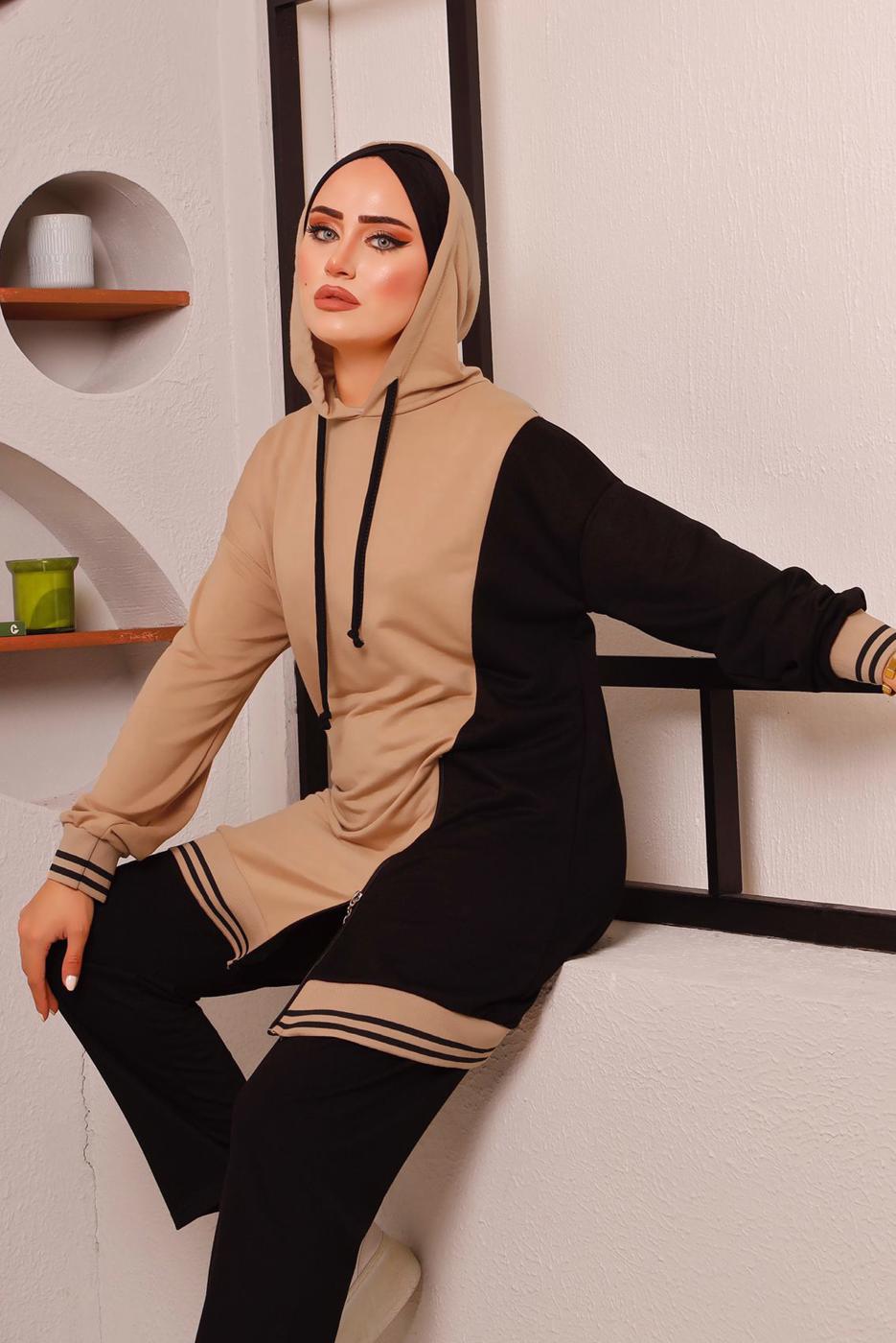 Tesettür giyim SİYAH RENK BLOKLU İKİLİ PANTOLONLU EŞOFMAN TAKIM 2472