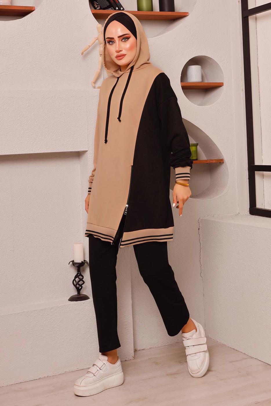 Tesettür giyim SİYAH RENK BLOKLU İKİLİ PANTOLONLU EŞOFMAN TAKIM 2472