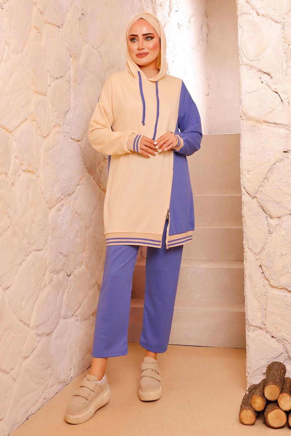 Tesettür giyim MOR RENK BLOKLU İKİLİ PANTOLONLU EŞOFMAN TAKIM 2472