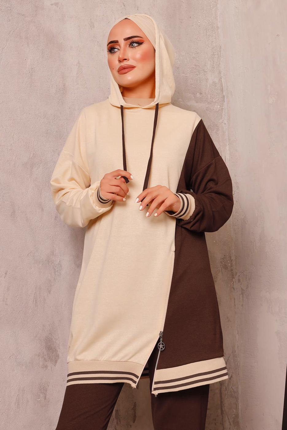 Tesettür giyim KAHVE RENK BLOKLU İKİLİ PANTOLONLU EŞOFMAN TAKIM 2472