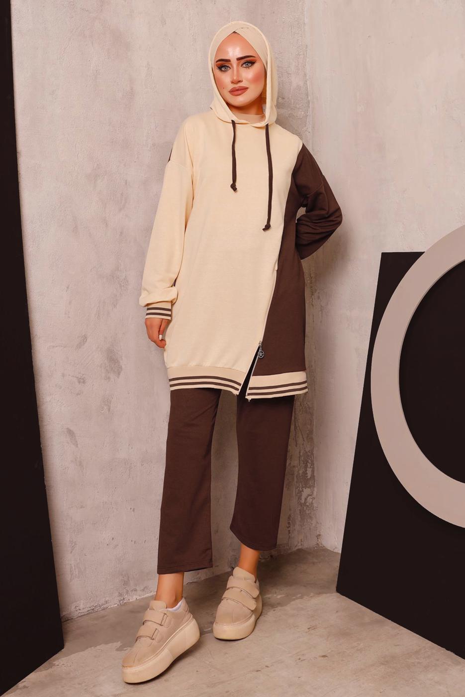 Tesettür giyim KAHVE RENK BLOKLU İKİLİ PANTOLONLU EŞOFMAN TAKIM 2472