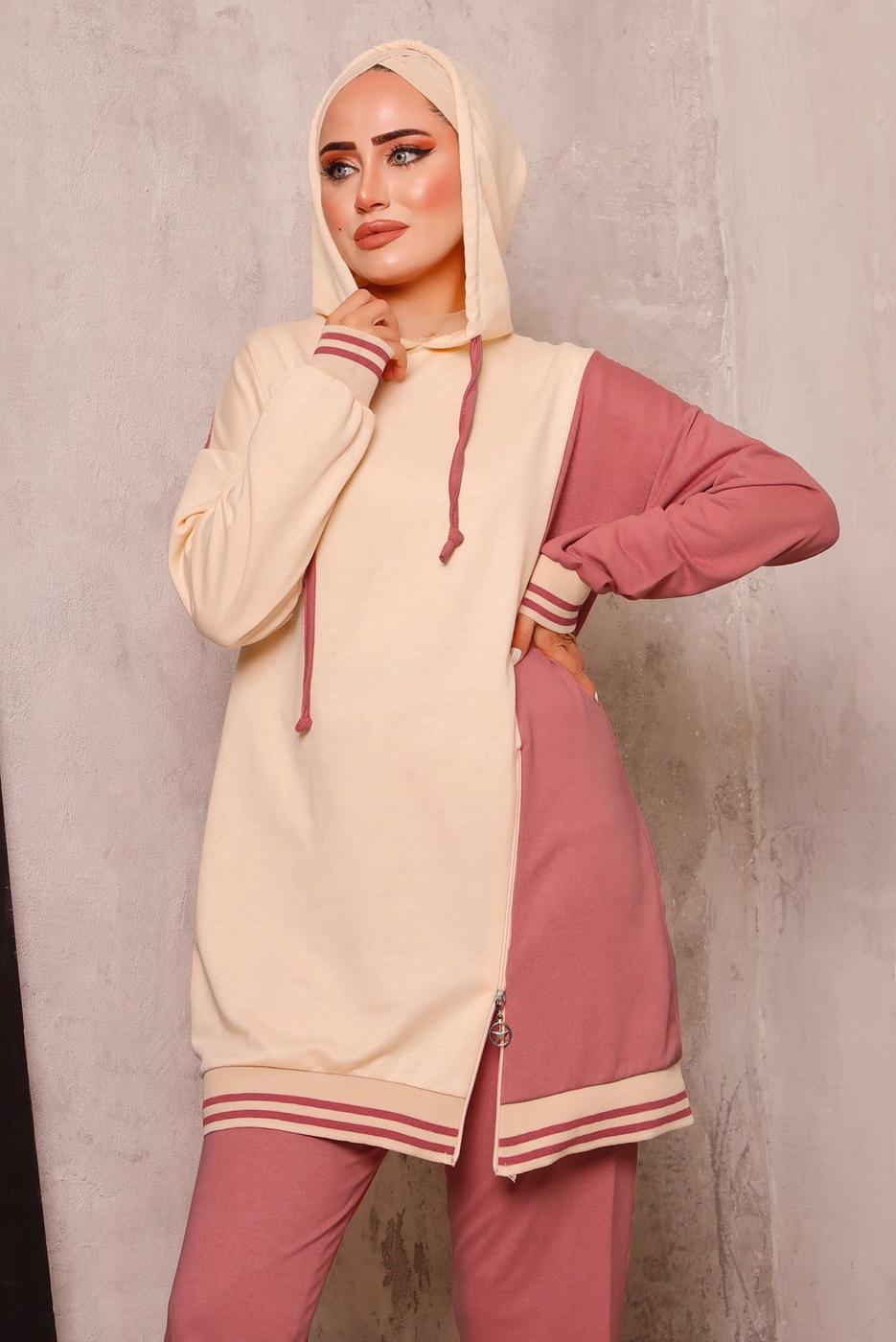 Tesettür giyim PUDRA RENK BLOKLU İKİLİ PANTOLONLU EŞOFMAN TAKIM 2472