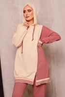 Tesettür giyim PUDRA RENK BLOKLU İKİLİ PANTOLONLU EŞOFMAN TAKIM 2472