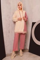Tesettür giyim PUDRA RENK BLOKLU İKİLİ PANTOLONLU EŞOFMAN TAKIM 2472