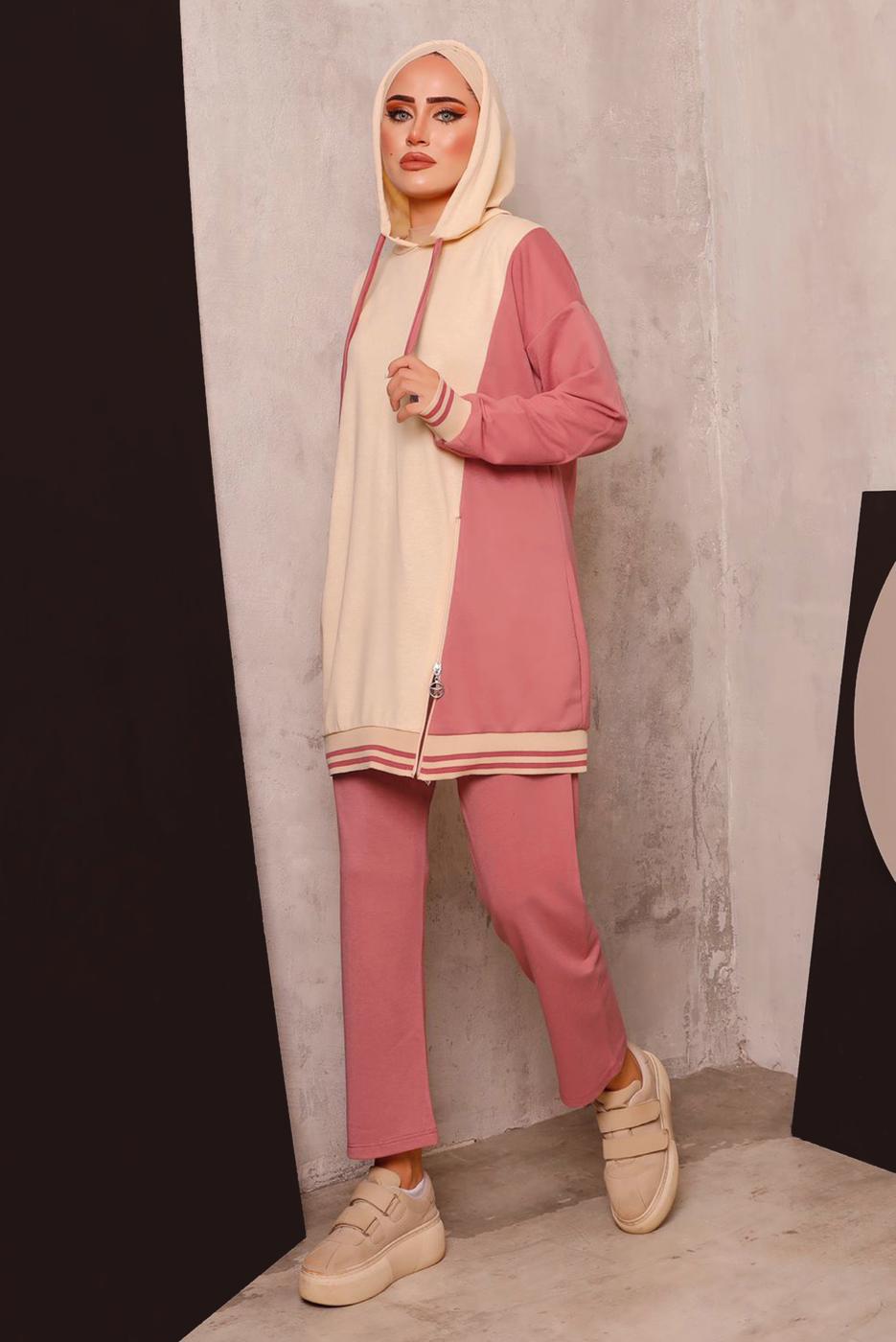 Tesettür giyim PUDRA RENK BLOKLU İKİLİ PANTOLONLU EŞOFMAN TAKIM 2472