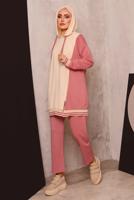 Tesettür giyim PUDRA RENK BLOKLU İKİLİ PANTOLONLU EŞOFMAN TAKIM 2472