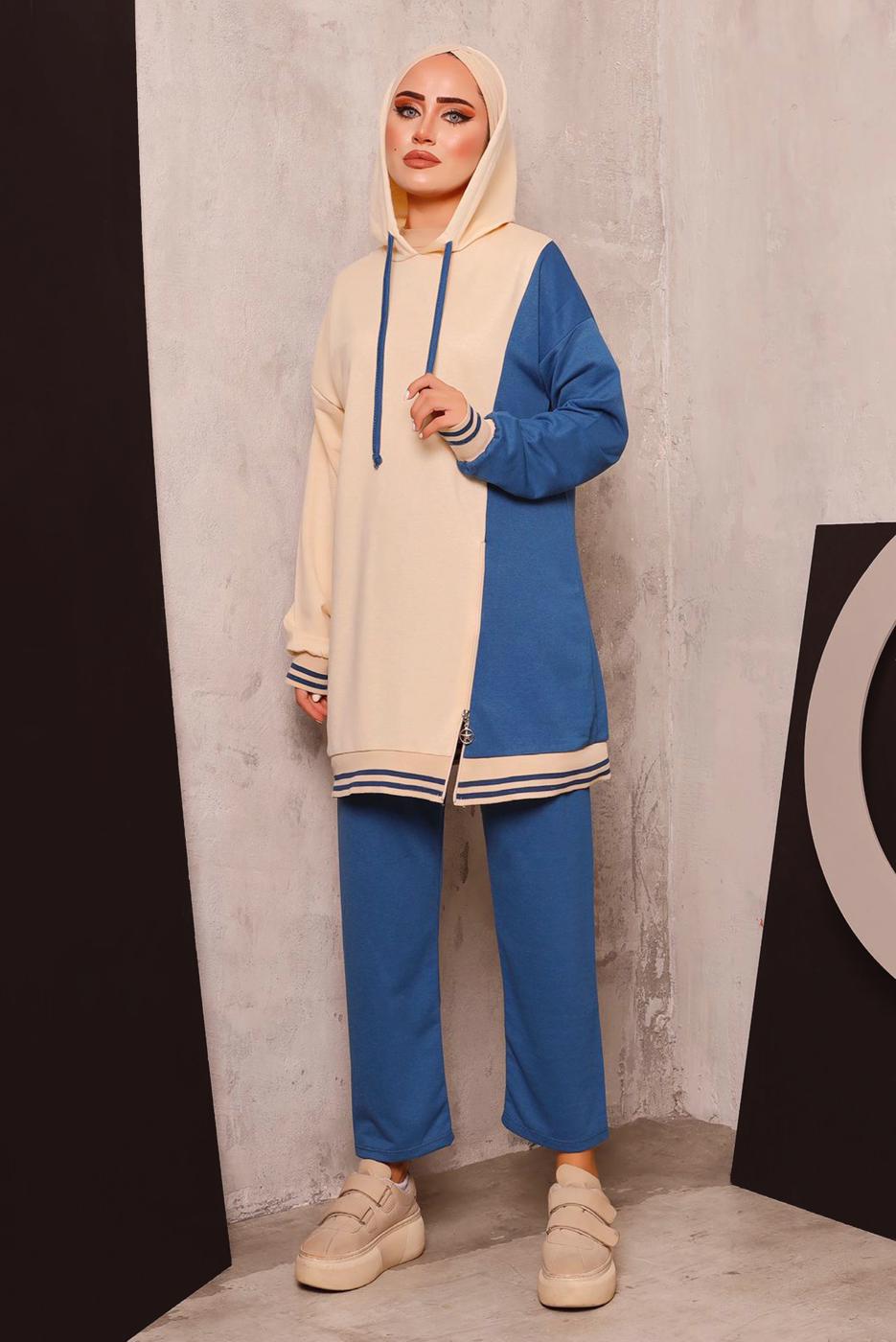 Tesettür giyim LACİVERT RENK BLOKLU İKİLİ PANTOLONLU EŞOFMAN TAKIM 2472