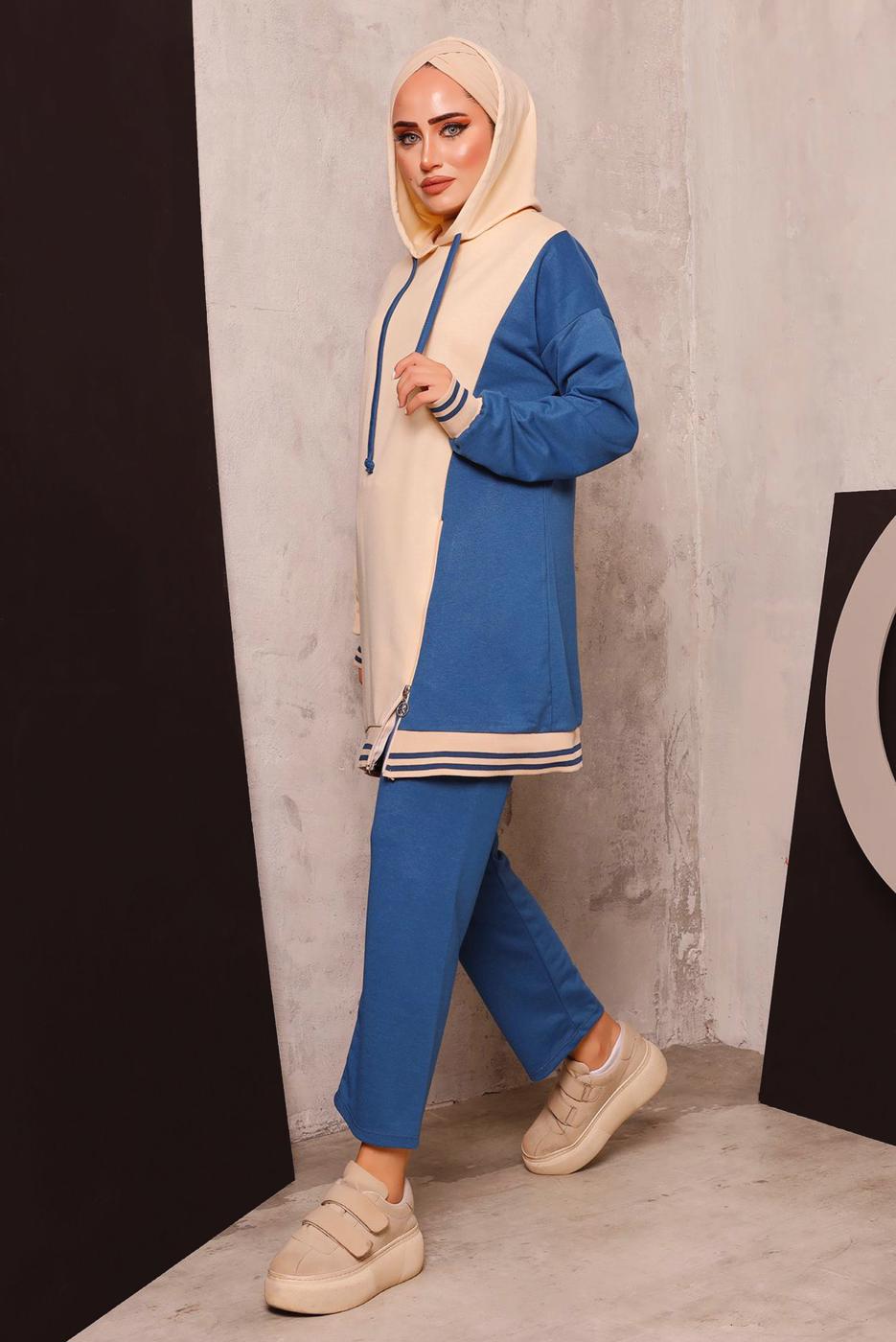 Tesettür giyim LACİVERT RENK BLOKLU İKİLİ PANTOLONLU EŞOFMAN TAKIM 2472