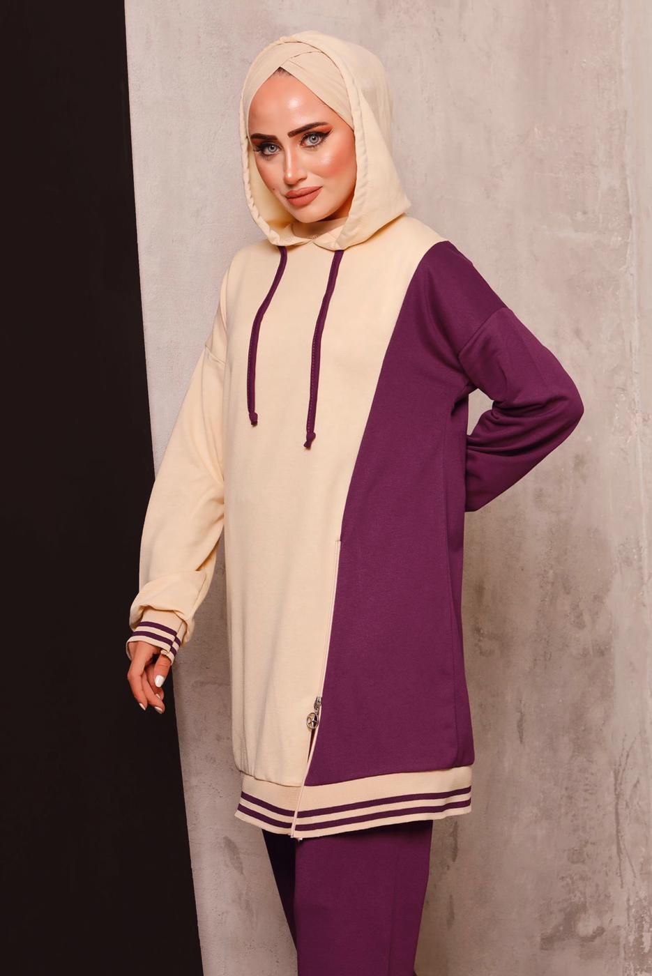 Tesettür giyim MOR RENK BLOKLU İKİLİ PANTOLONLU EŞOFMAN TAKIM 2472