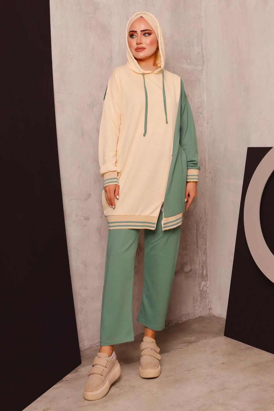 Tesettür giyim YEŞİL RENK BLOKLU İKİLİ PANTOLONLU EŞOFMAN TAKIM 2472