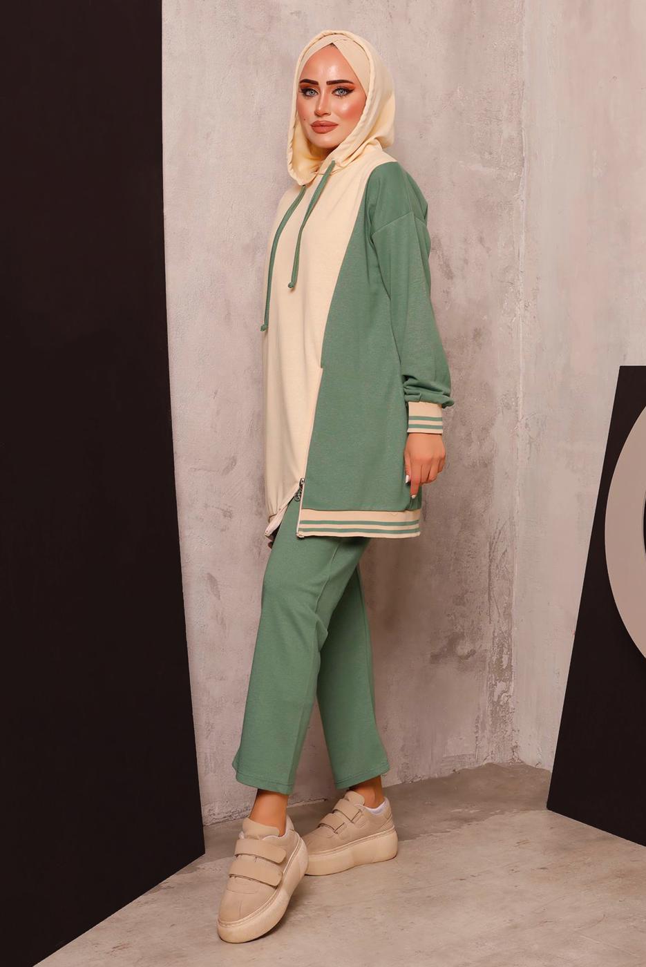 Tesettür giyim YEŞİL RENK BLOKLU İKİLİ PANTOLONLU EŞOFMAN TAKIM 2472