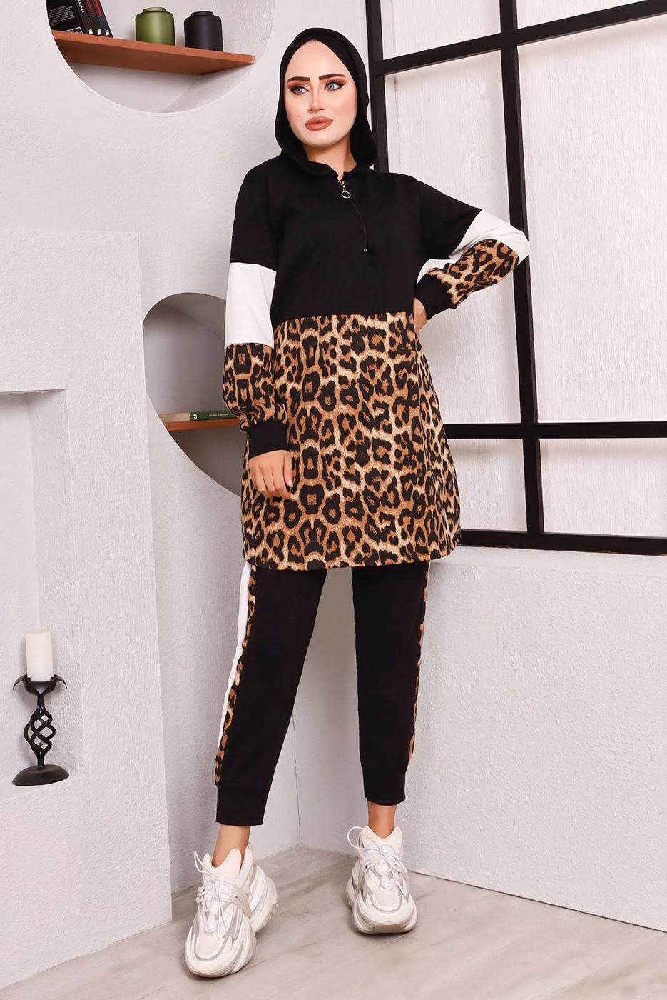 Tesettür giyim SİYAH LEOPAR DESENLİ FERMUAR DETAYLI PANT. TAKIM 2572 