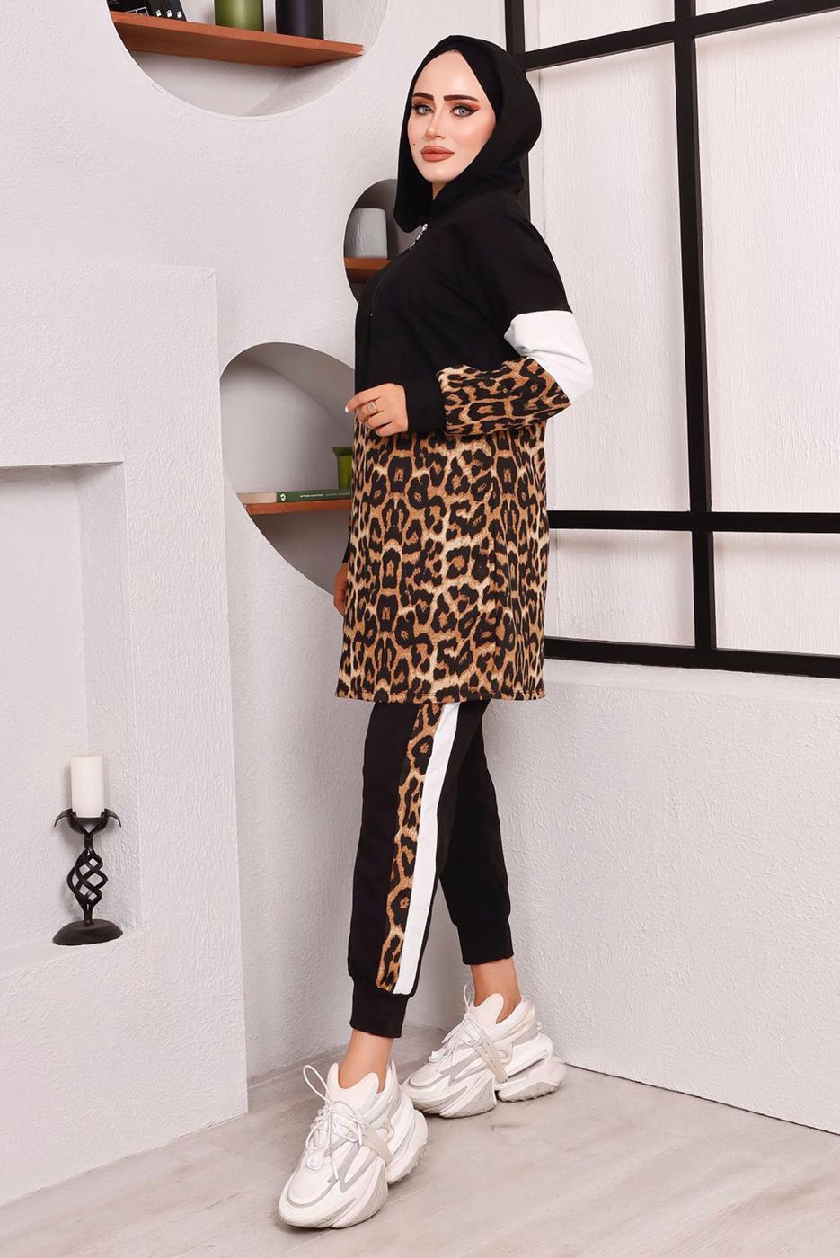 Tesettür giyim SİYAH LEOPAR DESENLİ FERMUAR DETAYLI PANT. TAKIM 2572 