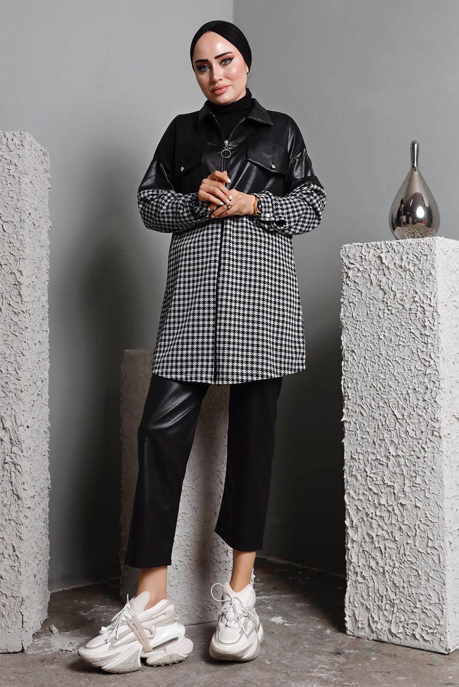 Tesettür giyim SİYAH KAZAYAĞI DESENLİ DERİ DETAYLI PANT. TAKIM 2582 