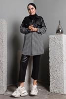 Tesettür giyim SİYAH KAZAYAĞI DESENLİ DERİ DETAYLI PANT. TAKIM 2582 