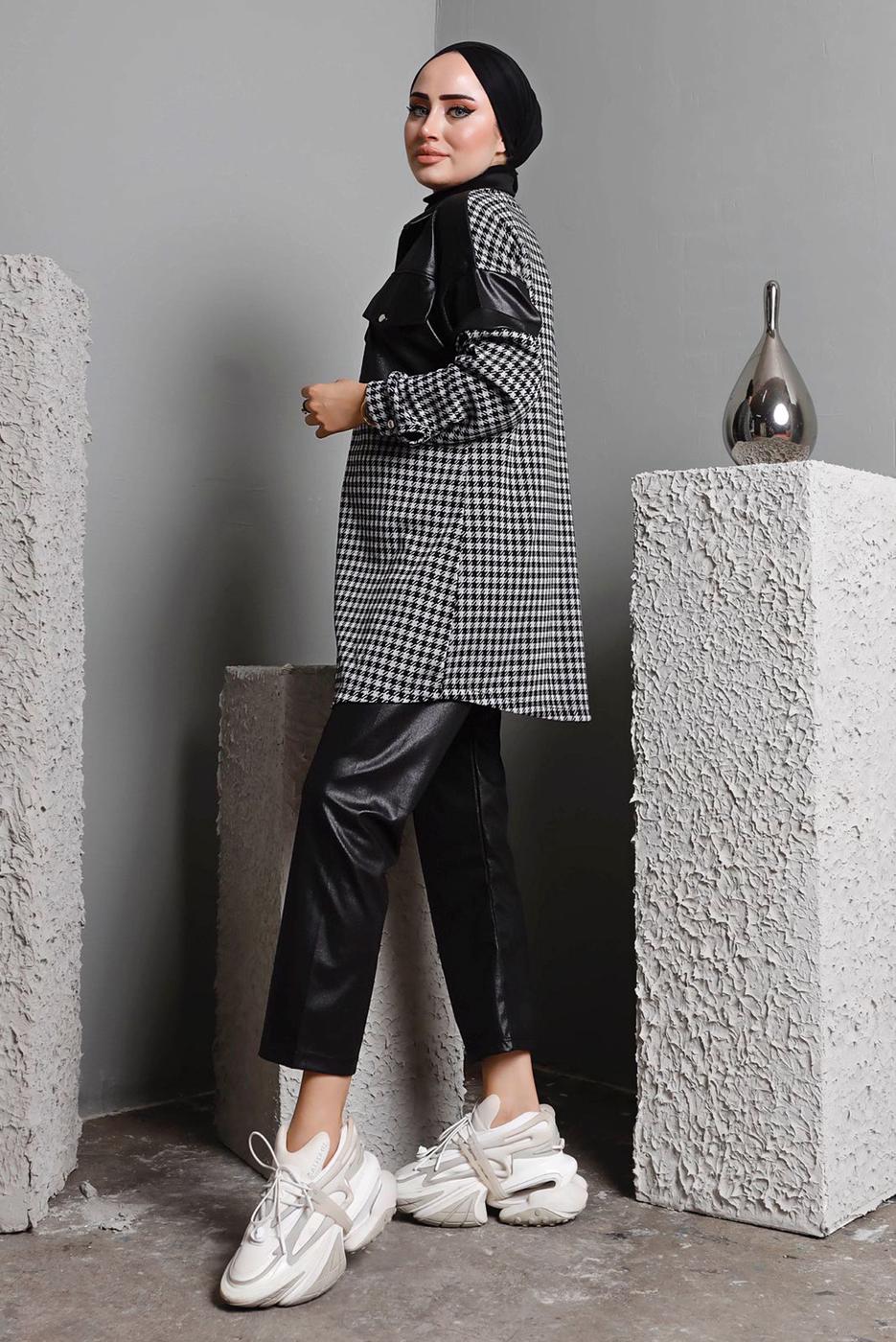 Tesettür giyim SİYAH KAZAYAĞI DESENLİ DERİ DETAYLI PANT. TAKIM 2582 