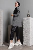 Tesettür giyim SİYAH KAZAYAĞI DESENLİ DERİ DETAYLI PANT. TAKIM 2582 