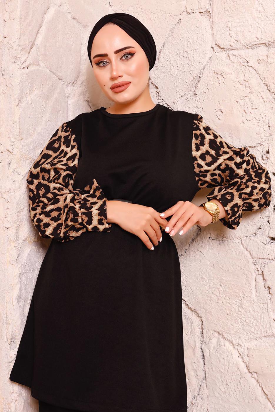 Tesettür giyim SİYAH LEOPAR DESENLİ KUŞAKLI PANT. TAKIM 2672 