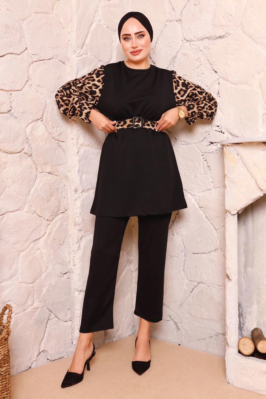 Tesettür giyim SİYAH LEOPAR DESENLİ KUŞAKLI PANT. TAKIM 2672 