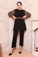 Tesettür giyim SİYAH LEOPAR DESENLİ KUŞAKLI PANT. TAKIM 2672 