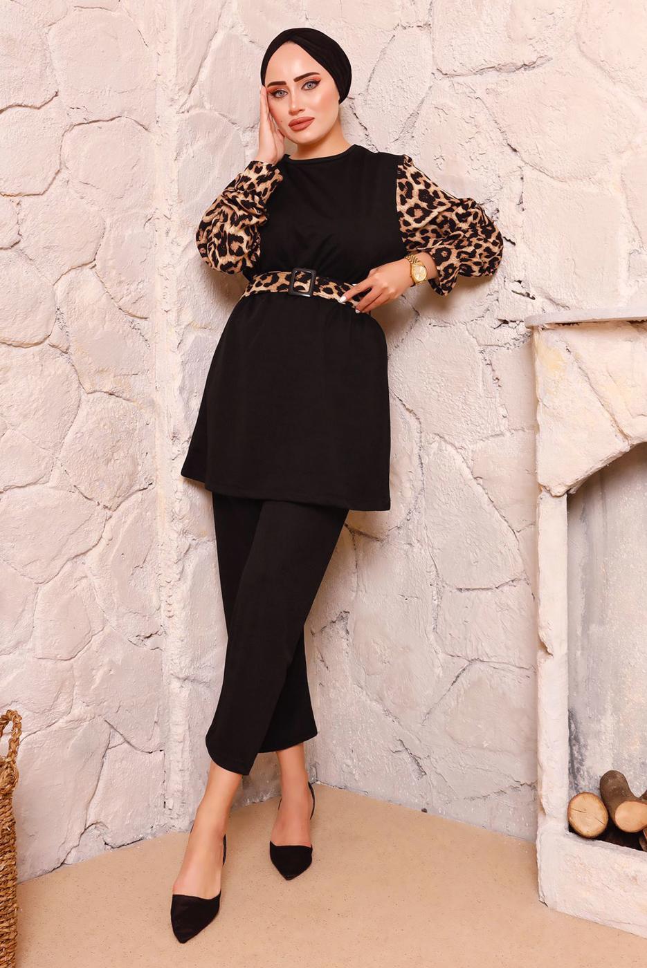 Tesettür giyim SİYAH LEOPAR DESENLİ KUŞAKLI PANT. TAKIM 2672 