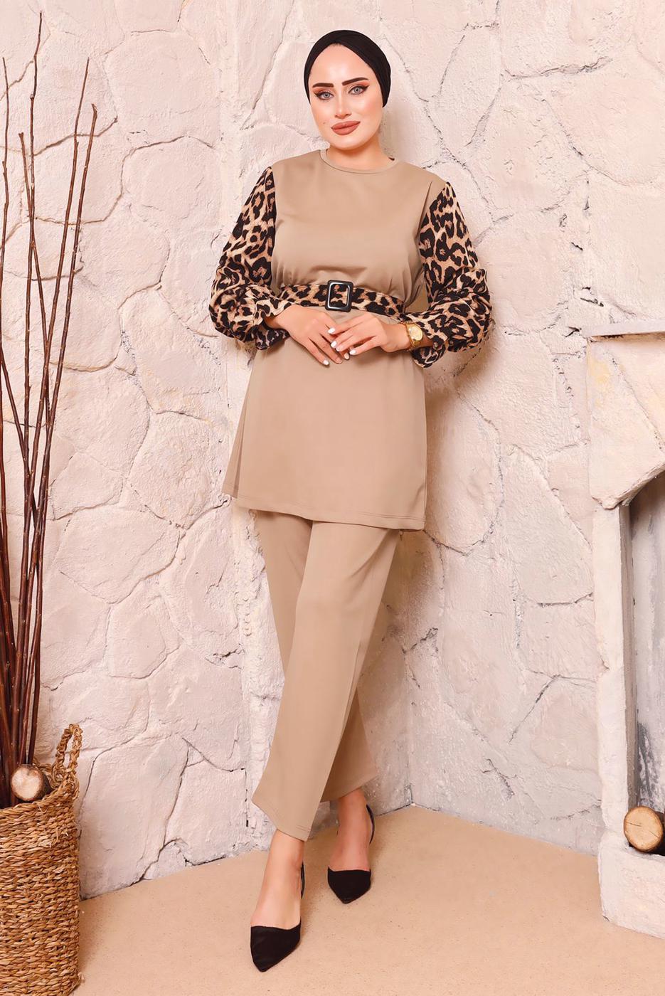 Tesettür giyim BEJ LEOPAR DESENLİ KUŞAKLI PANT. TAKIM 2672 