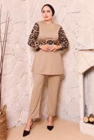 Tesettür giyim BEJ LEOPAR DESENLİ KUŞAKLI PANT. TAKIM 2672 