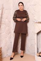 Tesettür giyim KAHVE LEOPAR DESENLİ KUŞAKLI PANT. TAKIM 2672 