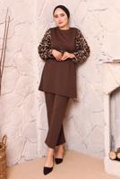 Tesettür giyim KAHVE LEOPAR DESENLİ KUŞAKLI PANT. TAKIM 2672 