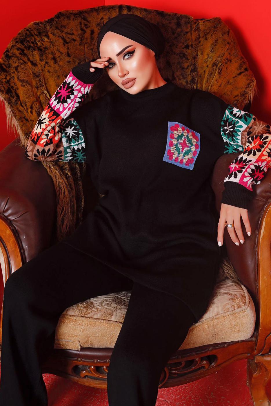 Tesettür giyim SİYAH DESENLİ PANTOLONLU TRİKO TAKIM 2992	