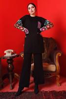 Tesettür giyim SİYAH DESENLİ PANTOLONLU TRİKO TAKIM 2992	