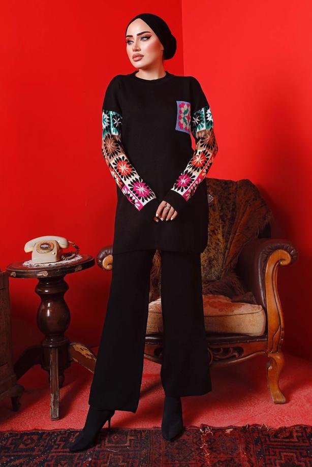 Tesettür giyim SİYAH DESENLİ PANTOLONLU TRİKO TAKIM 2992	 - TRENDTESETTÜR