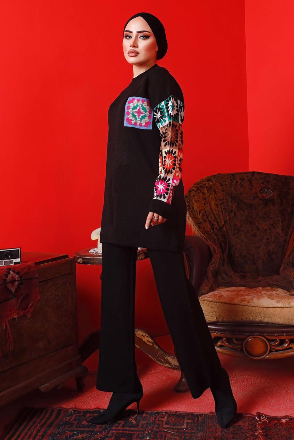 Tesettür giyim SİYAH DESENLİ PANTOLONLU TRİKO TAKIM 2992	