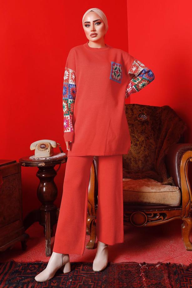 Vêtements hijab ORANGE COSTUME PANTALON EN MAILLE À MOTIFS 2992	 - TRENDTESETTÜR