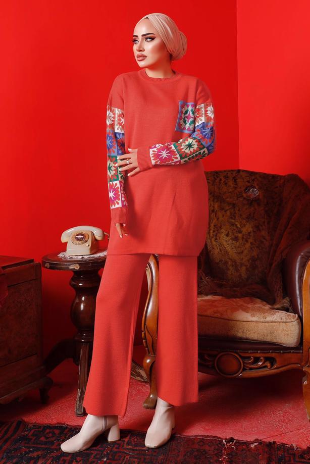 Vêtements hijab ORANGE COSTUME PANTALON EN MAILLE À MOTIFS 2992	 - TRENDTESETTÜR