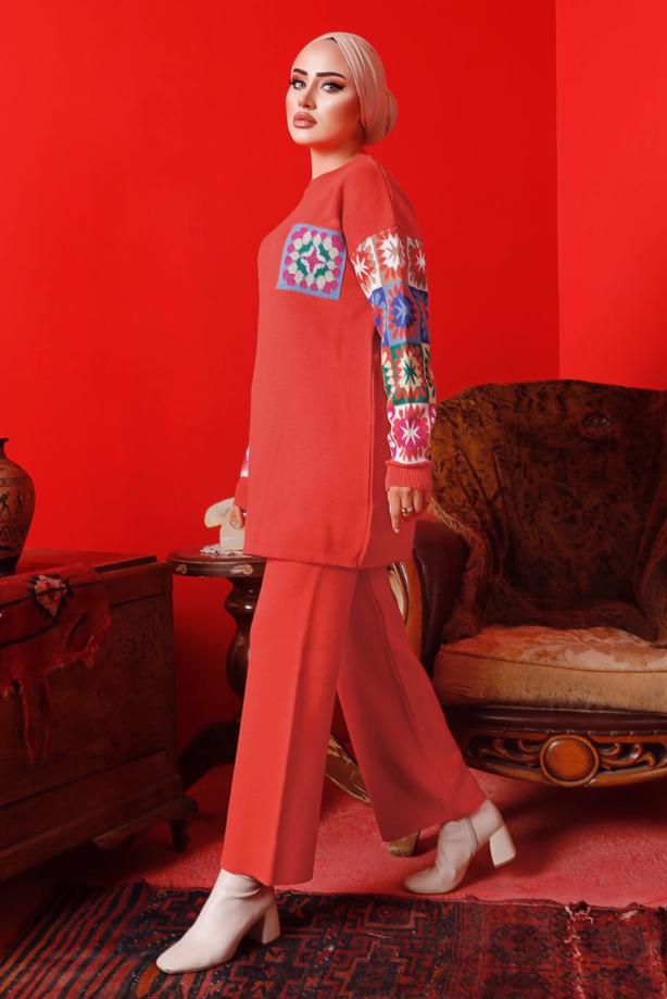 Vêtements hijab ORANGE COSTUME PANTALON EN MAILLE À MOTIFS 2992	 - TRENDTESETTÜR