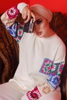 Tesettür giyim EKRU DESENLİ PANTOLONLU TRİKO TAKIM 2992	