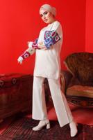 Tesettür giyim EKRU DESENLİ PANTOLONLU TRİKO TAKIM 2992	