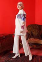 Tesettür giyim EKRU DESENLİ PANTOLONLU TRİKO TAKIM 2992	