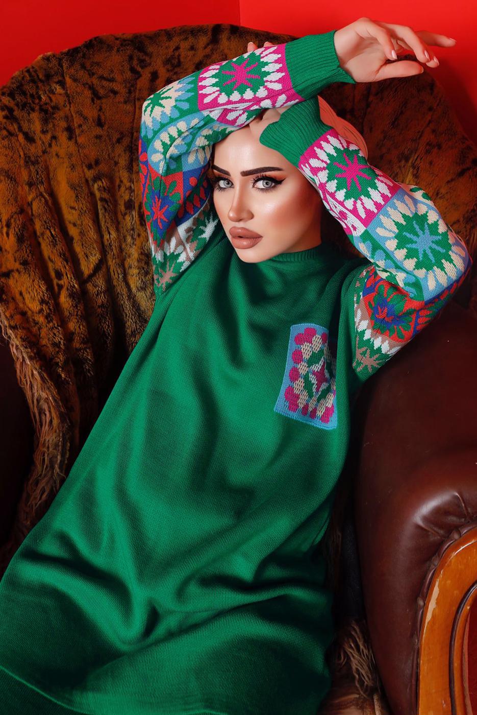 Vêtements hijab VERT COSTUME PANTALON EN MAILLE À MOTIFS 2992