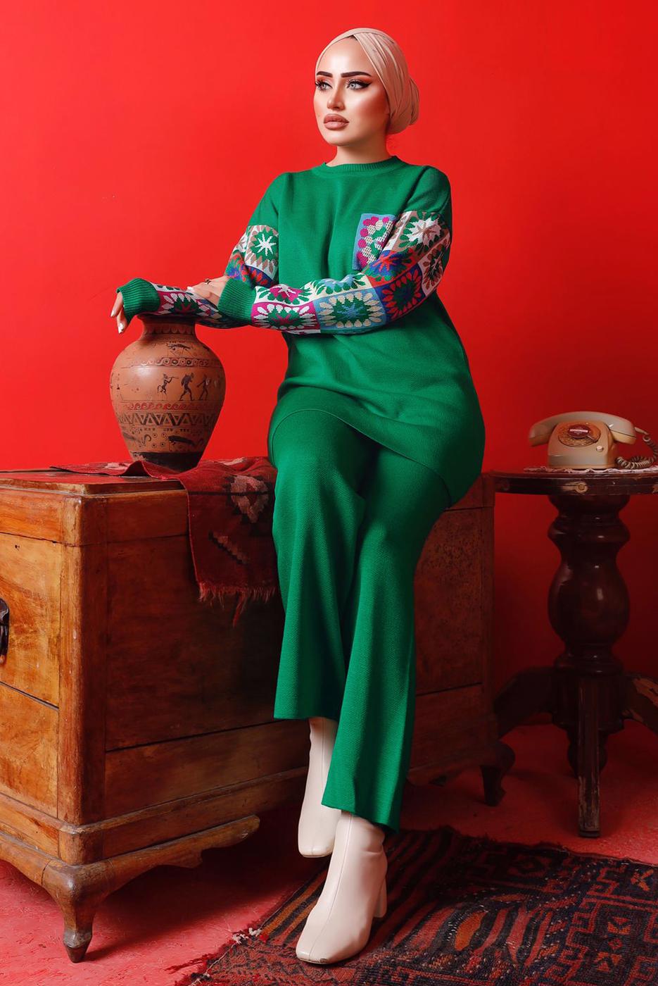 Vêtements hijab VERT COSTUME PANTALON EN MAILLE À MOTIFS 2992