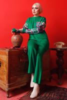 Vêtements hijab VERT COSTUME PANTALON EN MAILLE À MOTIFS 2992