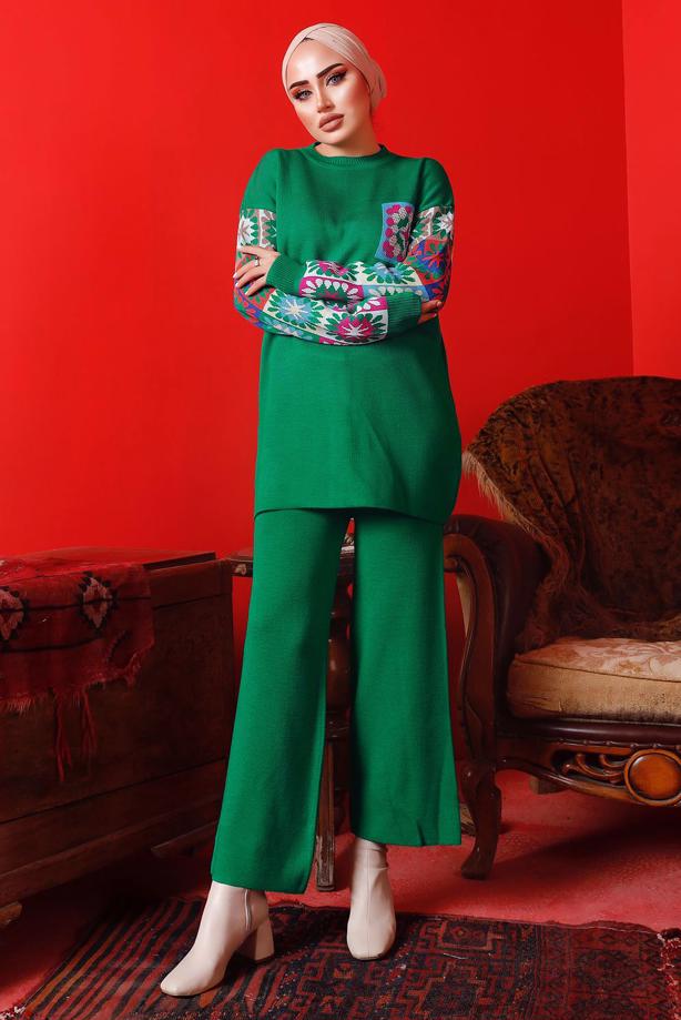 Vêtements hijab VERT COSTUME PANTALON EN MAILLE À MOTIFS 2992	 - TRENDTESETTÜR