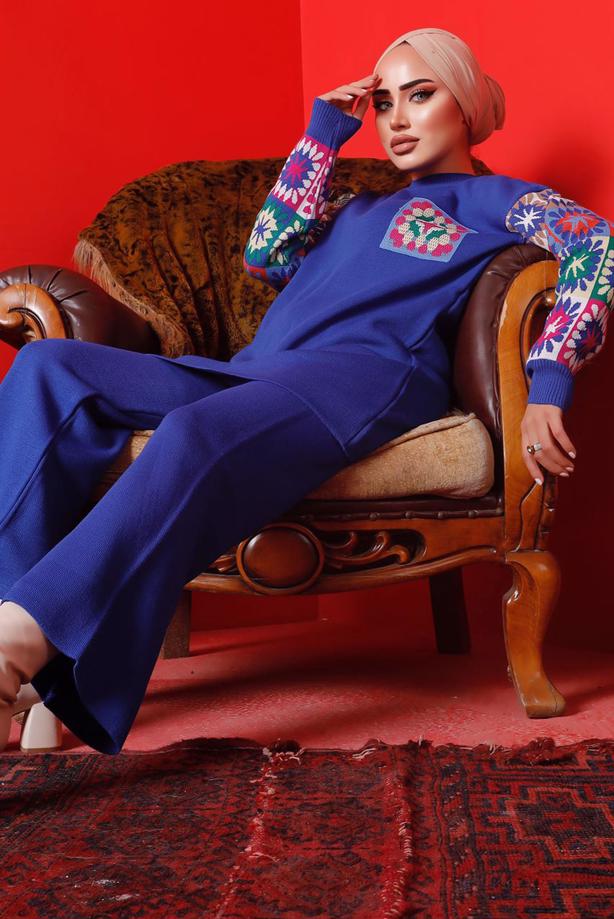 Vêtements hijab BLEU MARINE COSTUME PANTALON EN MAILLE À MOTIFS 2992	 - TRENDTESETTÜR