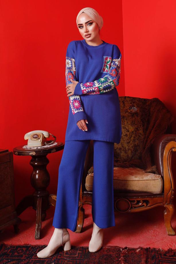 Vêtements hijab BLEU MARINE COSTUME PANTALON EN MAILLE À MOTIFS 2992	 - TRENDTESETTÜR