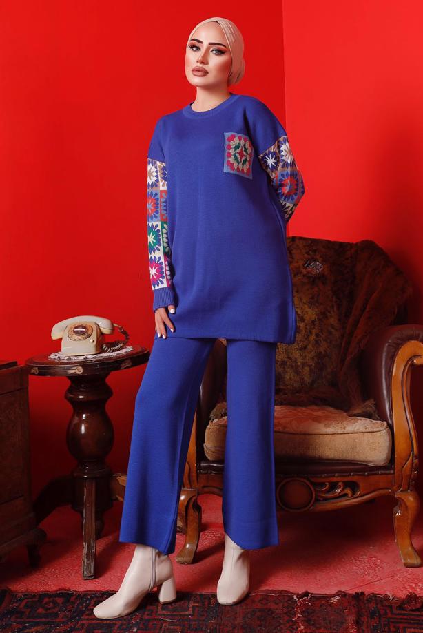 Vêtements hijab BLEU MARINE COSTUME PANTALON EN MAILLE À MOTIFS 2992	 - TRENDTESETTÜR