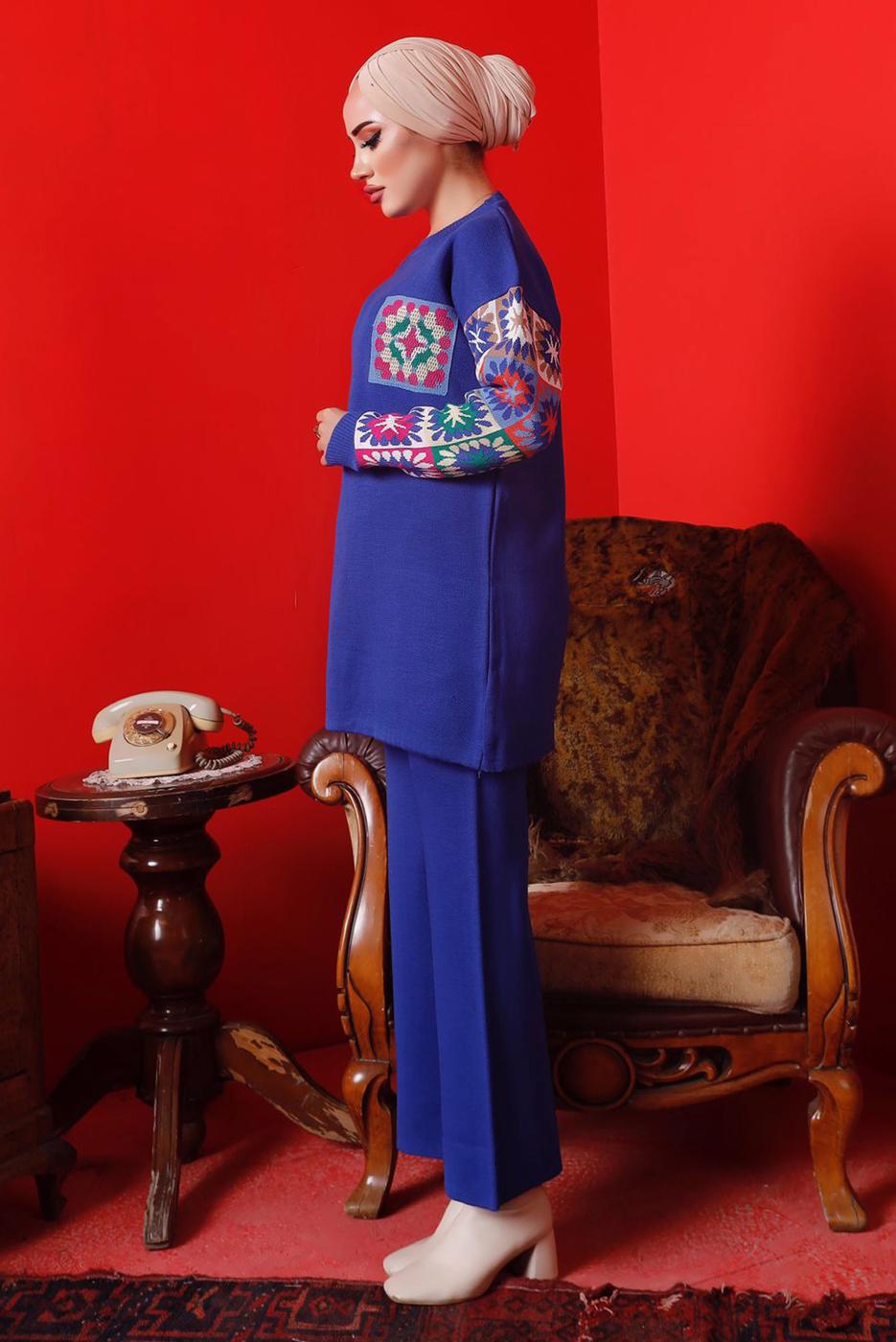 Vêtements hijab BLEU MARINE COSTUME PANTALON EN MAILLE À MOTIFS 2992