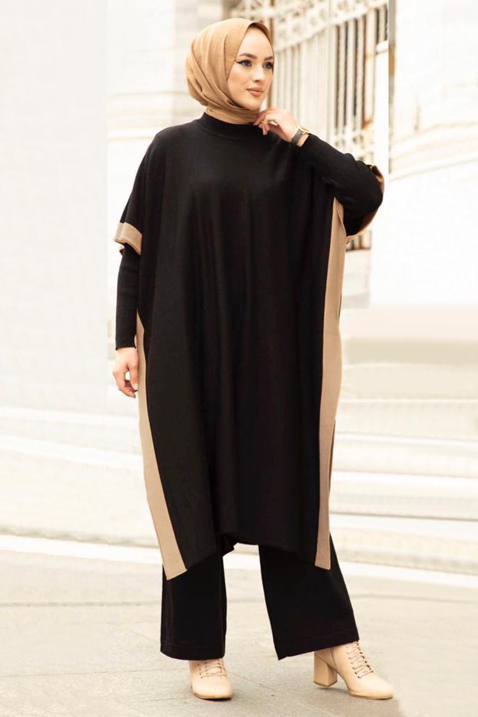 Tesettür giyim SİYAH İKİ RENKLİ TRİKO ÜÇLÜ PANTOLONLU TAKIM 30228