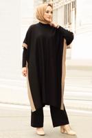 Tesettür giyim SİYAH İKİ RENKLİ TRİKO ÜÇLÜ PANTOLONLU TAKIM 30228