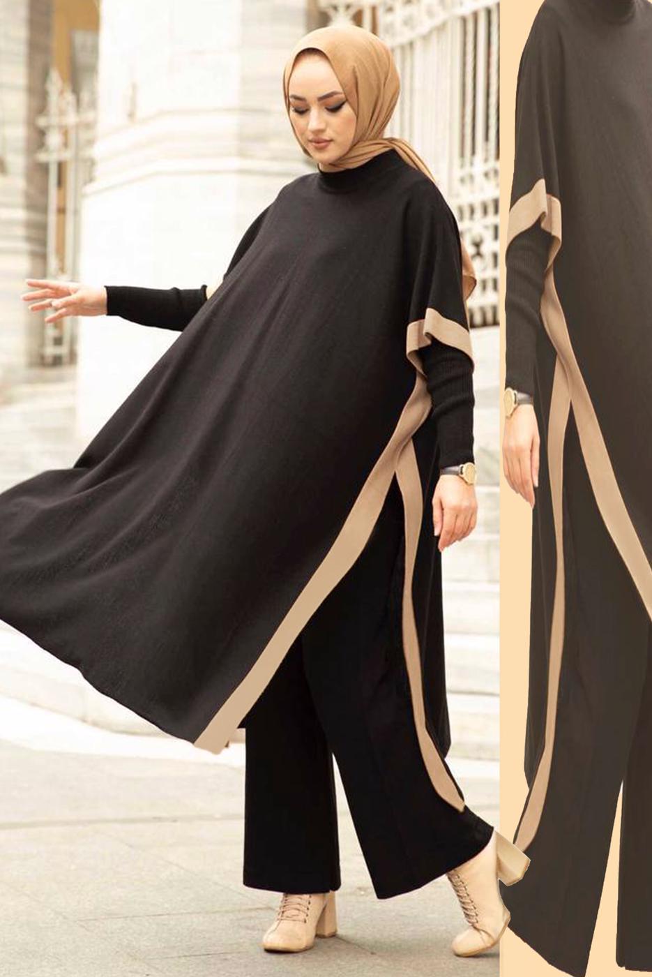 Tesettür giyim SİYAH İKİ RENKLİ TRİKO ÜÇLÜ PANTOLONLU TAKIM 30228
